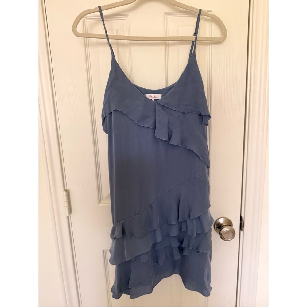 Parker 100% Silk Light Blue Ruffle Knee-Length Sleeveless Dress, Size Small